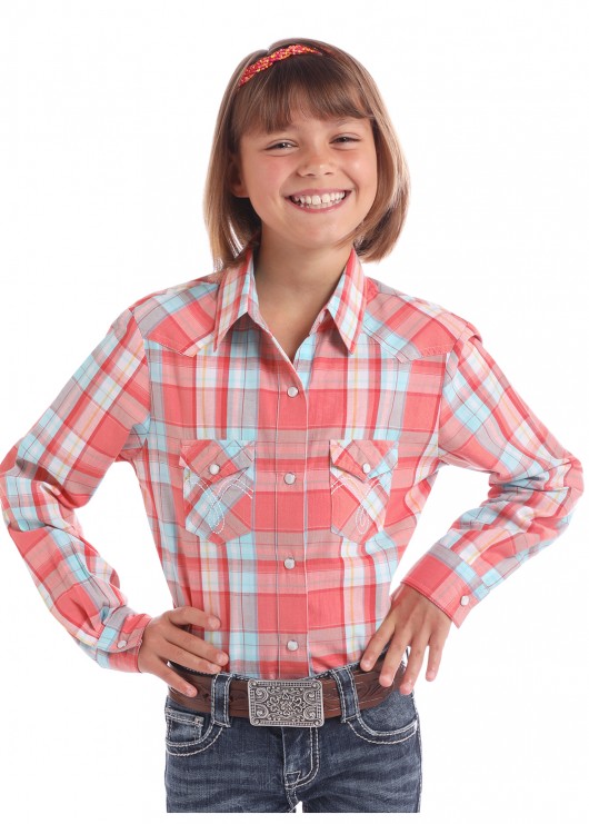Coral/Blue Plaid Long Sleeve with Snaps